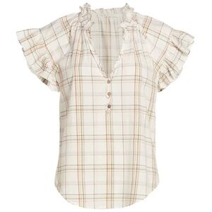 Veronica Beard Milly Plaid Cotton Blend Ruffle Button Up Blouse